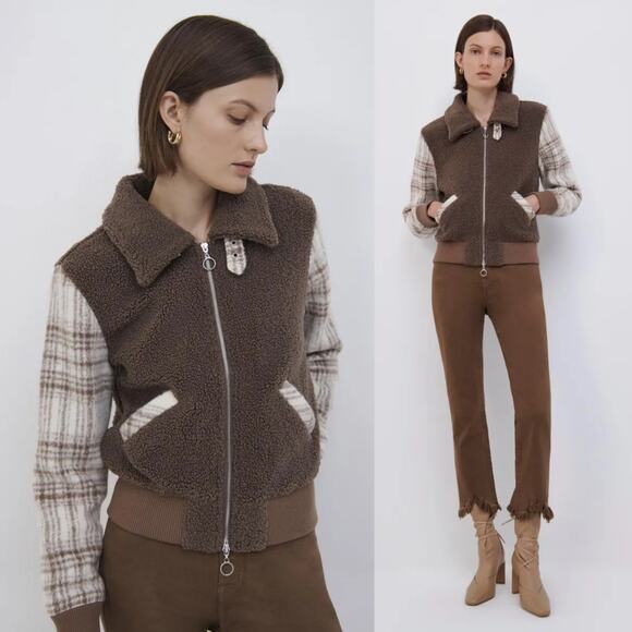 Jonathan Simkhai Bobbi Wool Plaid Brown Tan Plaid Sherpa Bomber Jacket Medium - Picture 4 of 13